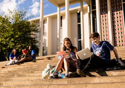 Students on Ramsey Library steps at UNCA.